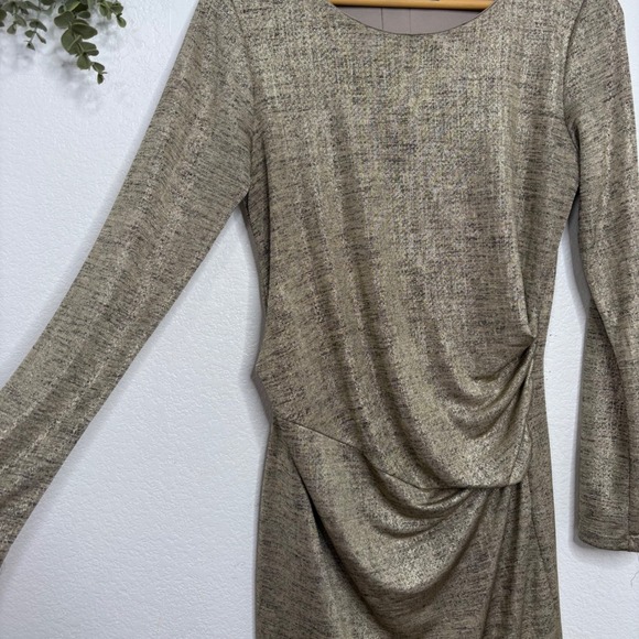 Lulus Metallic Ruched Bodycon Dress Gold Sparkle Long Sleeve XL - Picture 3 of 6